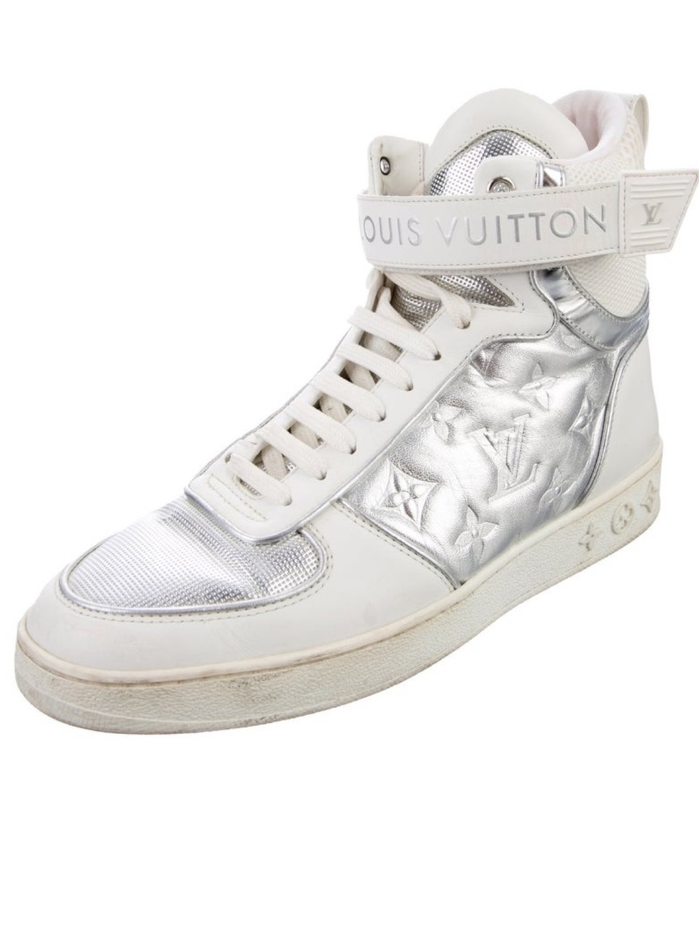 Louis Vuitton White & Silver Monogram High-Top Trainer